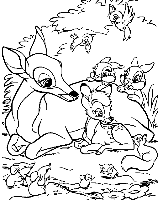 Coloriage de Bambi se reposant dans la forêt