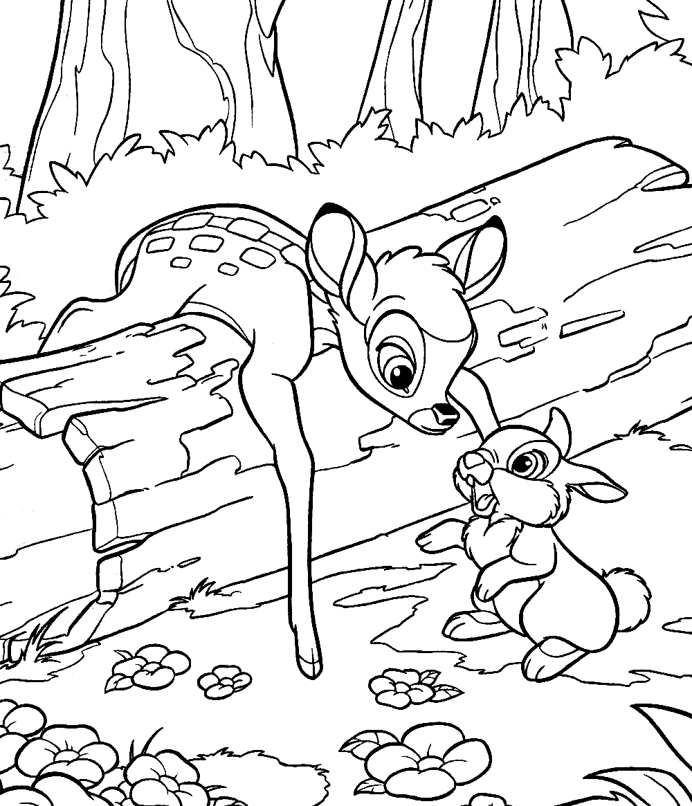 Coloriage de Bambi se reposant dans la forêt