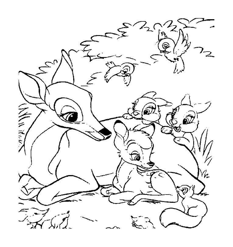 Coloriage de Bambi dans la forêt, entouré de ses amis