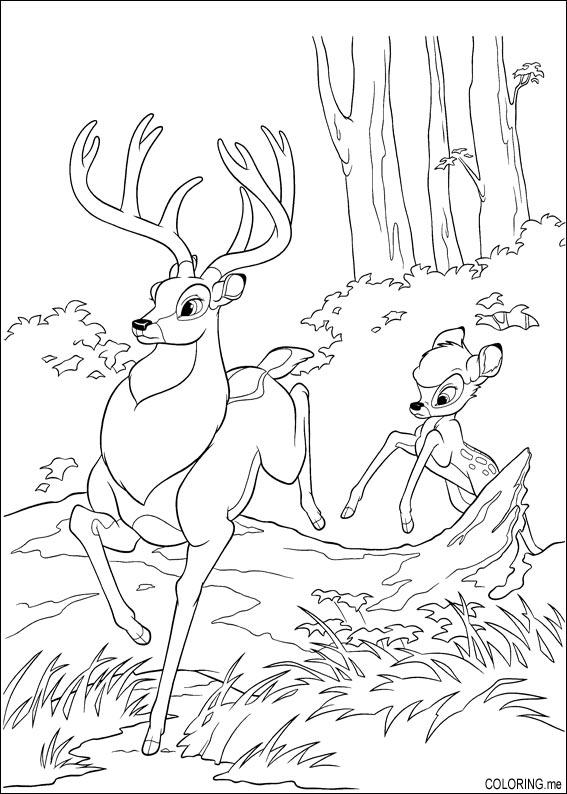 Coloriage de Bambi se reposant dans la forêt