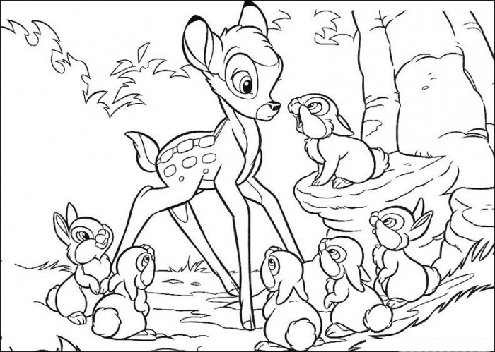 Coloriage de Bambi dans la forêt avec son ami Thumper