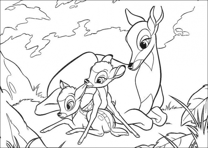 Coloriage de Bambi se reposant dans la forêt