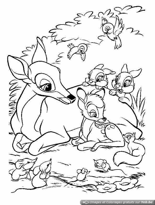 Coloriage de Bambi dans la forêt avec un arbre et des fleurs