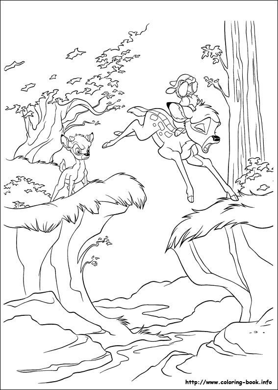 Coloriage de Bambi dans la forêt en train de se reposer
