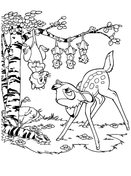 Coloriage de Bambi se reposant dans la forêt