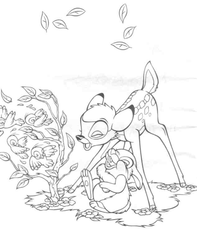 Coloriage de Bambi dans la forêt avec des amis