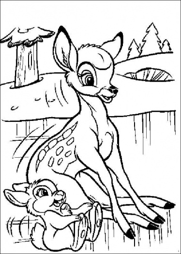 Coloriage de Bambi dans la forêt avec des amis