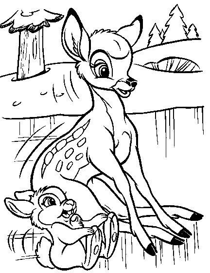 Coloriage de Bambi explorant la forêt avec un petit oiseau