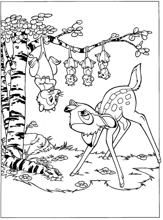 Coloriage de Bambi en train de jouer dans la forêt