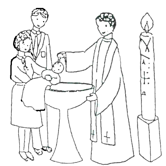 Coloriage d'un baptême avec une famille réunie autour de l'enfant