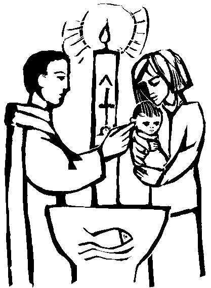 Coloriage d'un baptême avec une famille réunie autour de l'enfant