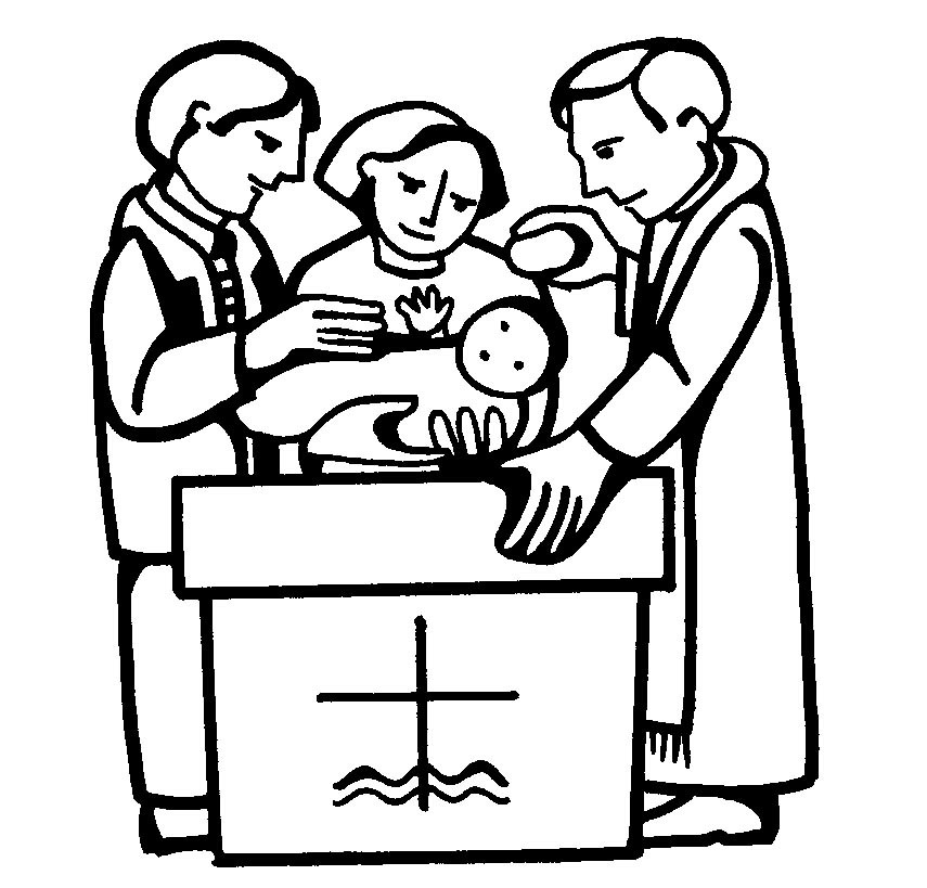 Coloriage d'un baptême avec une jeune fille, un prêtre et des symboles religieux