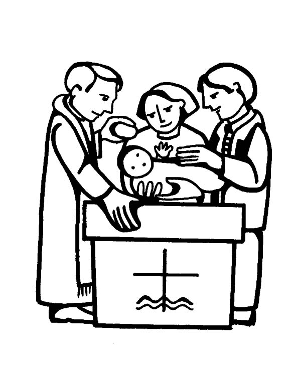 Coloriage d'un baptême avec un enfant et des symboles religieux