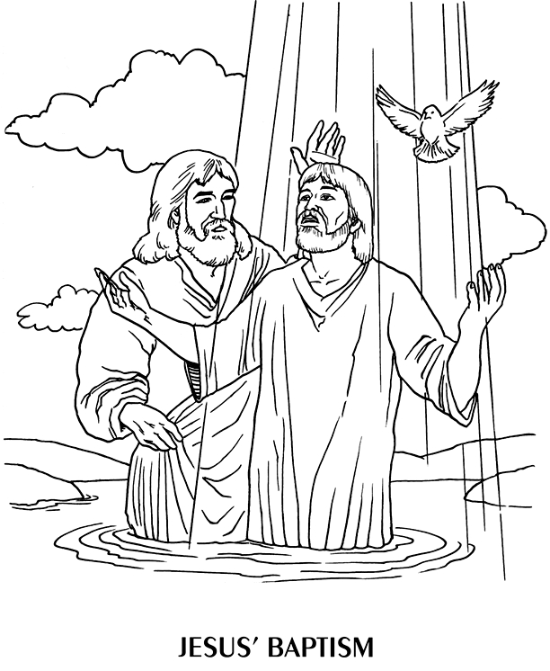 Coloriage d'un baptême avec un enfant et des symboles religieux
