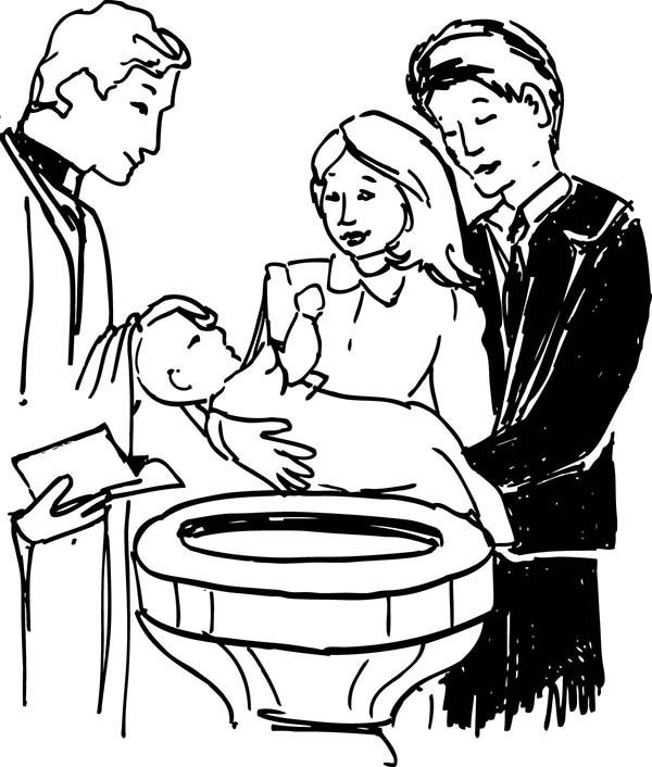 Coloriage d'un baptême avec un enfant, une bougie et des motifs floraux