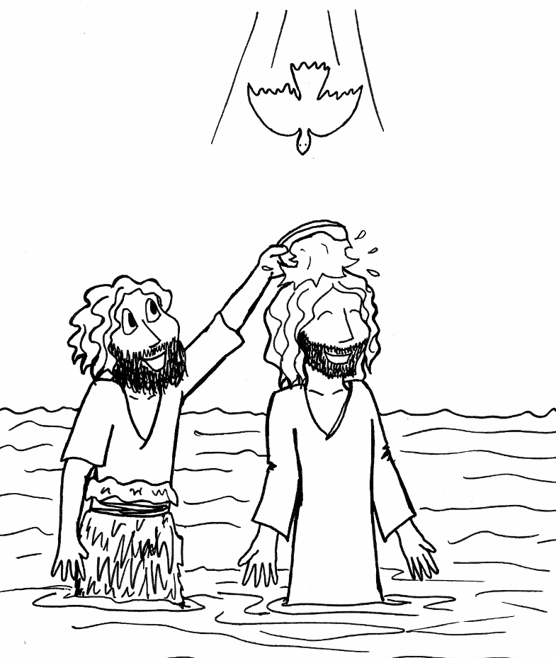 Coloriage d'un baptême avec une famille réunie autour de l'enfant