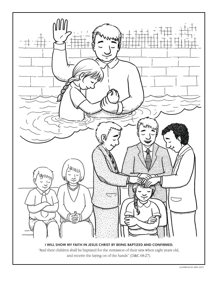 Coloriage d'un baptême avec un enfant, des fleurs et des éléments festifs