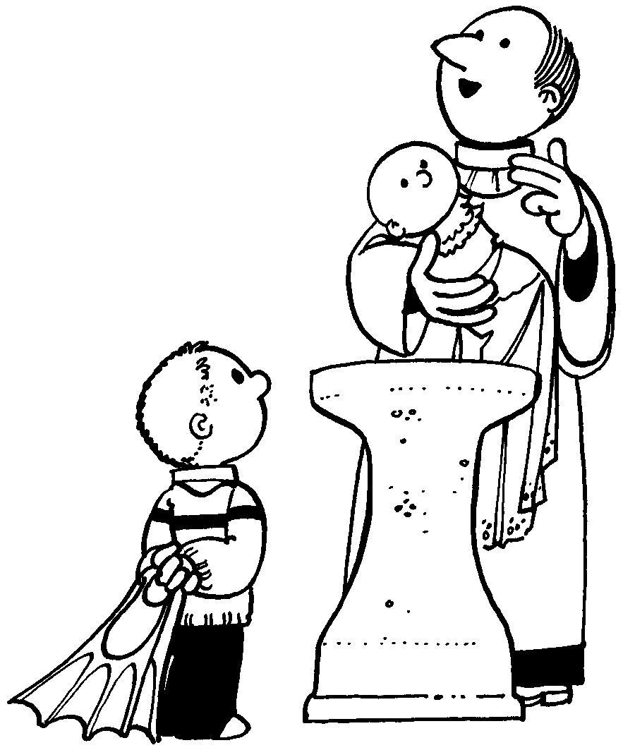Coloriage d'un baptême avec un enfant et un prêtre dans une église