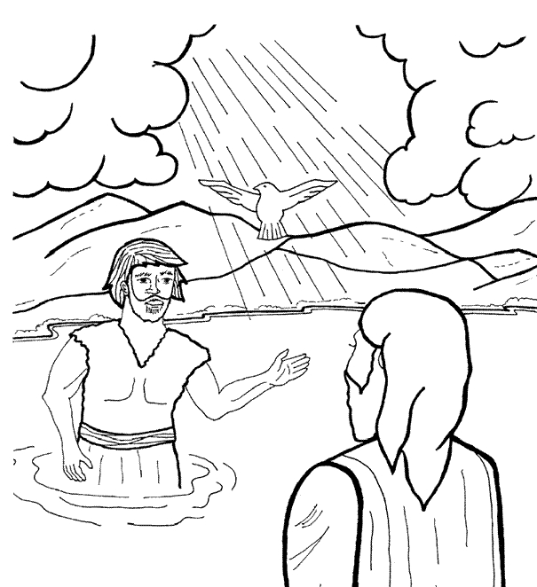Coloriage d’un baptême avec un enfant et des symboles religieux