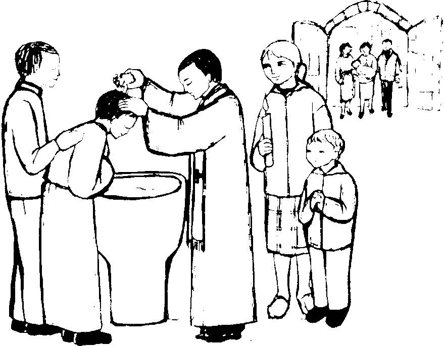 Coloriage d'une scène de baptême avec une famille réunie