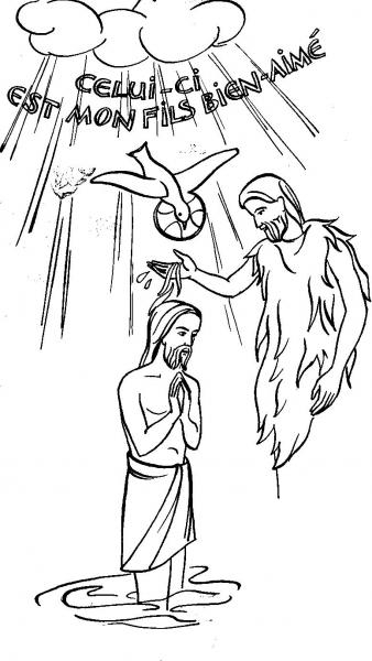 Coloriage d'un baptême avec un enfant, un prêtre et des symboles religieux