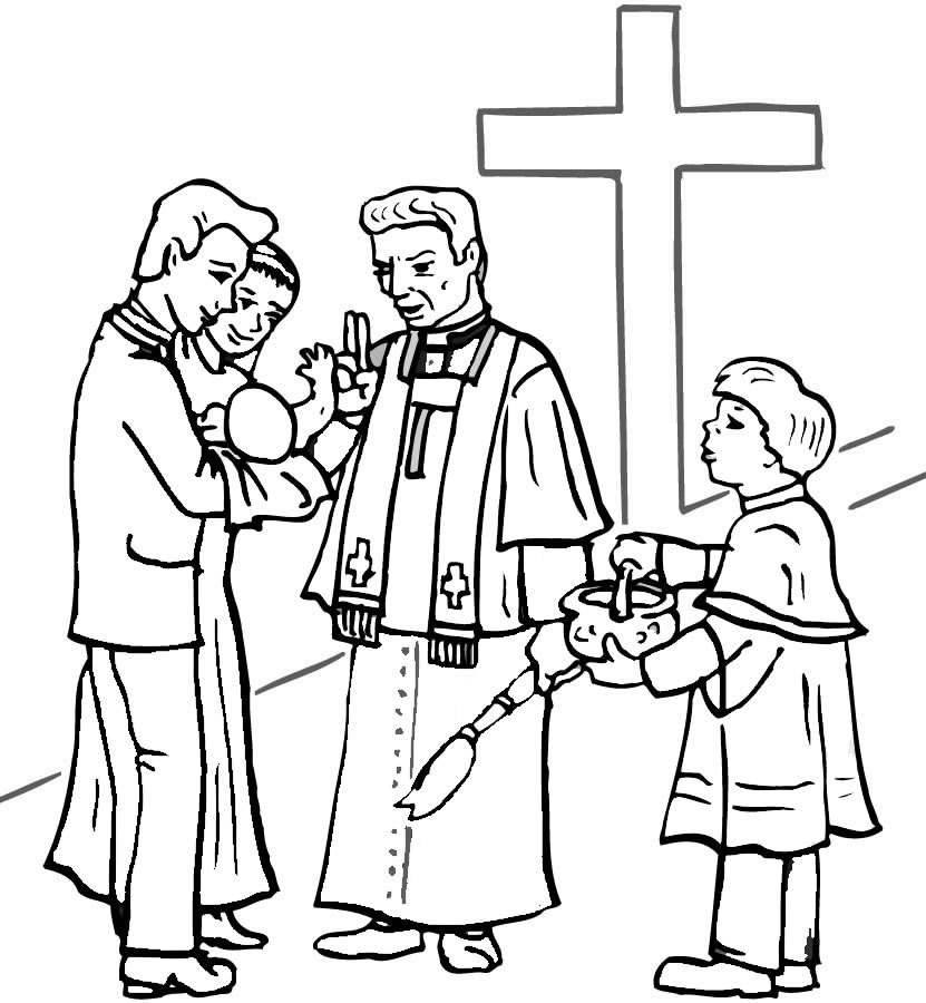Coloriage d'un baptême avec une famille réunie autour de l'événement