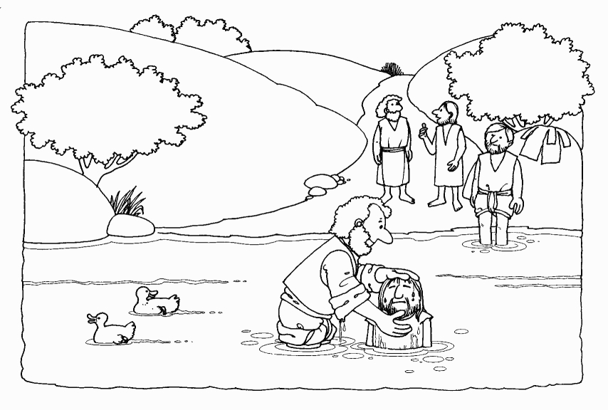 Coloriage d'un baptême avec une famille réunie autour du bébé