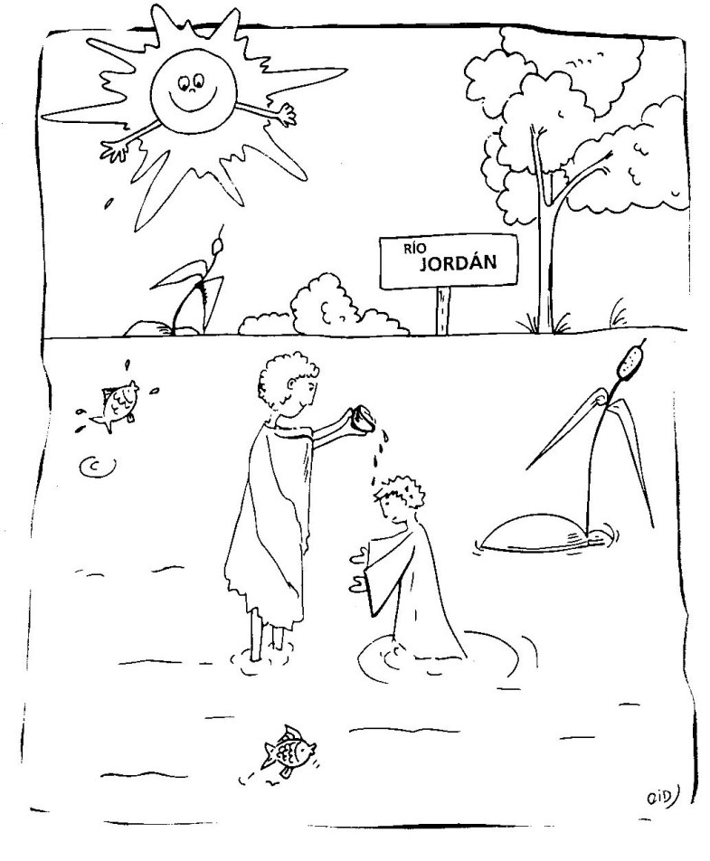 Coloriage d'un baptême avec un bébé dans les bras d'un adulte