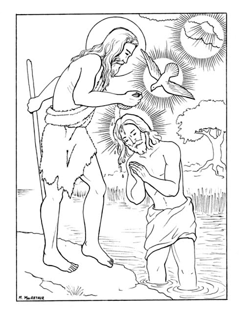Coloriage d'un baptême avec un enfant et des symboles religieux
