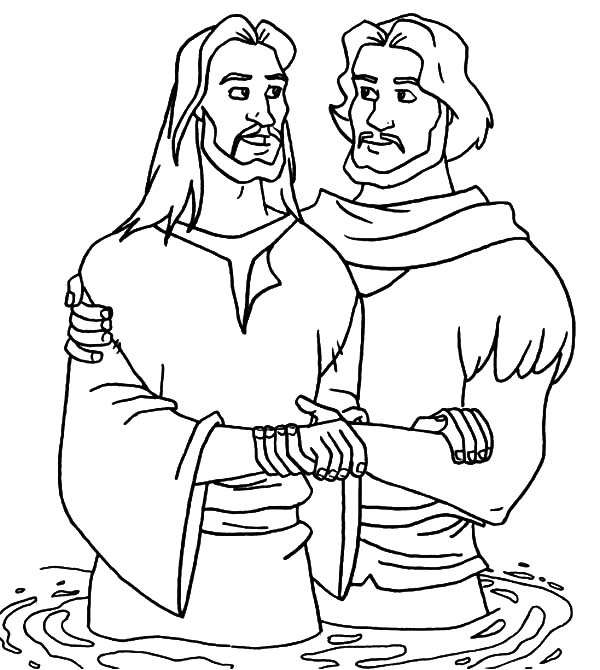 Coloriage d'un baptême avec des symboles religieux et des enfants