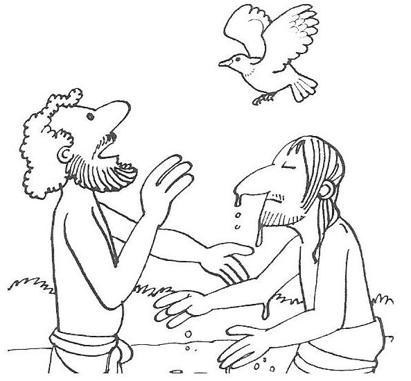 Coloriage d'un baptême avec une famille réunie autour d'une fontaine