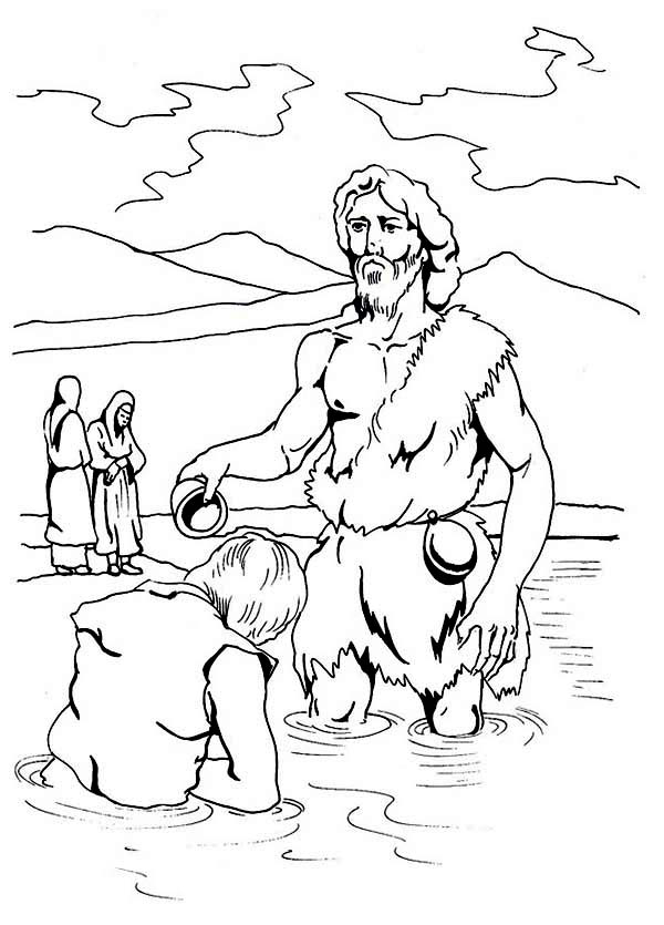 Coloriage d'un baptême avec un enfant et des éléments religieux