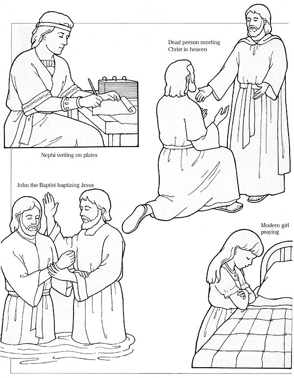 Coloriage d'un baptême avec une scène de célébration et des symboles religieux