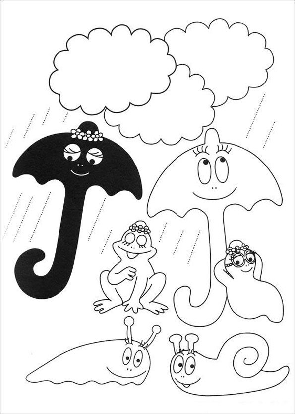 Coloriage de Barbapapa entouré de ses amis dans un décor ludique