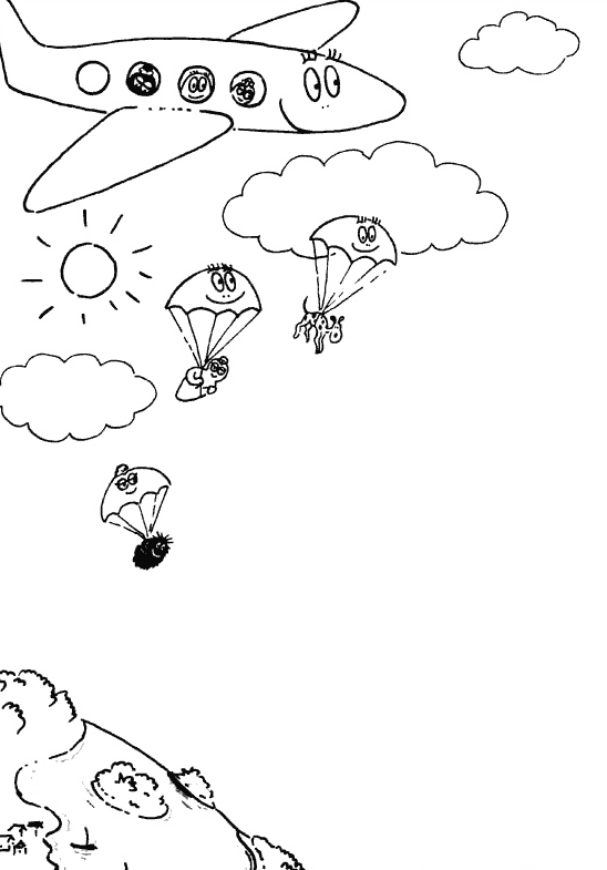 Coloriage de Barbapapa entouré de ses amis dans un paysage joyeux