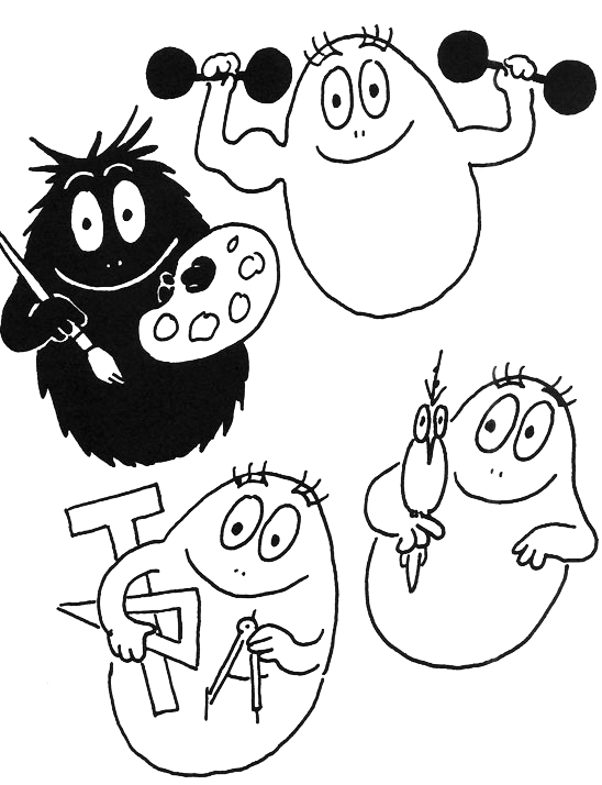Coloriage de Barbapapa souriant entouré de ses amis dans un décor ludique