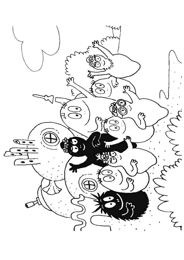 Coloriage de Barbapapa entouré d'amis dans un paysage ludique