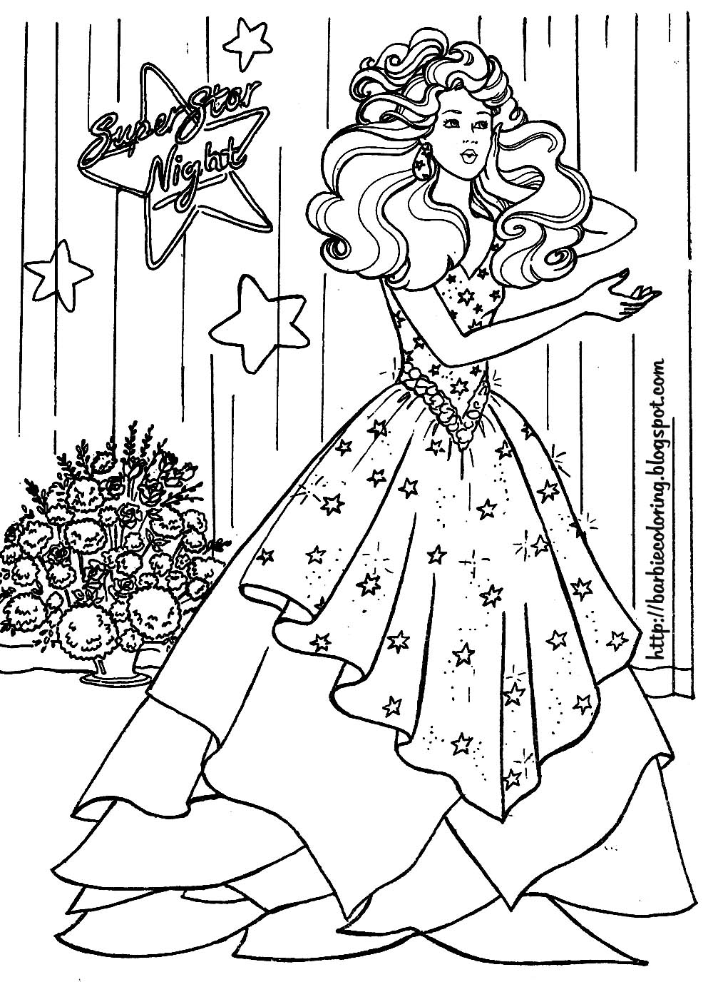 Coloriage de Barbie en pleine action dans un décor stylisé