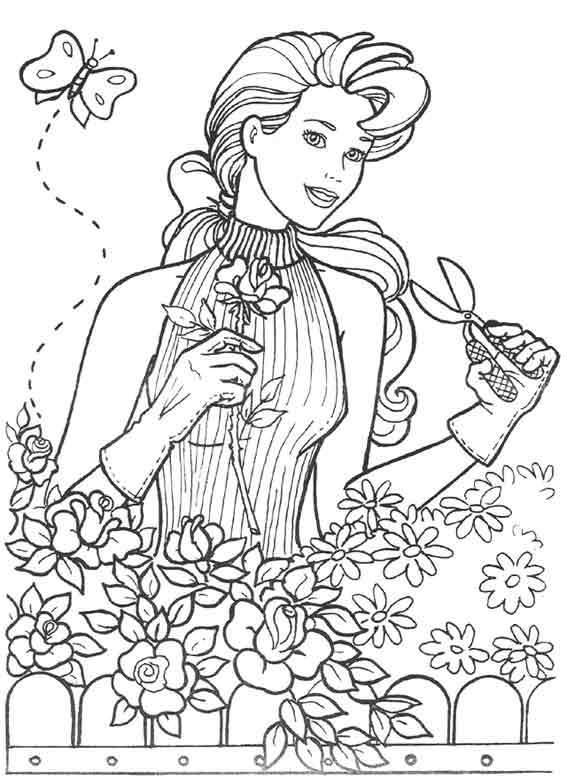 Barbie en train de jardiner entourée de fleurs
