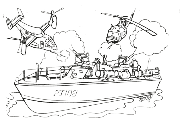 Coloriage d'un bateau de guerre naviguant sur des eaux calmes