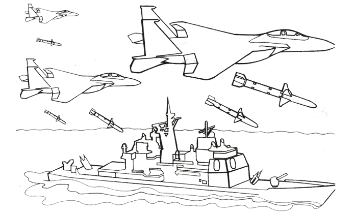 Coloriage d'un bateau de guerre naviguant sur des eaux calmes
