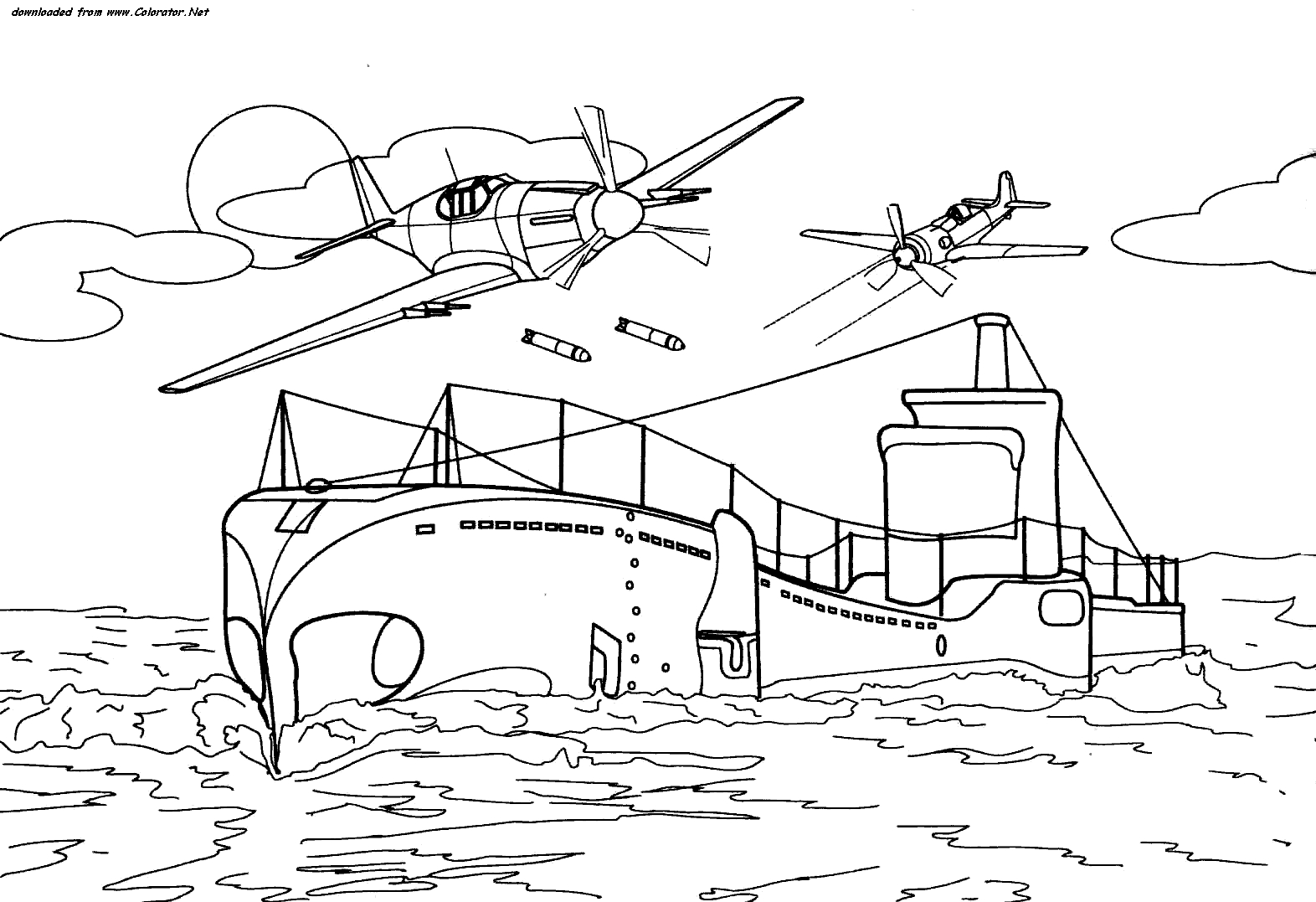 Coloriage d'un bateau de guerre en mer avec des vagues