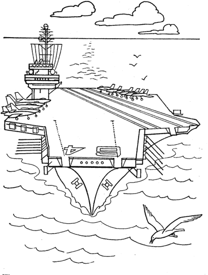 Coloriage d'un bateau de guerre naviguant sur une mer calme