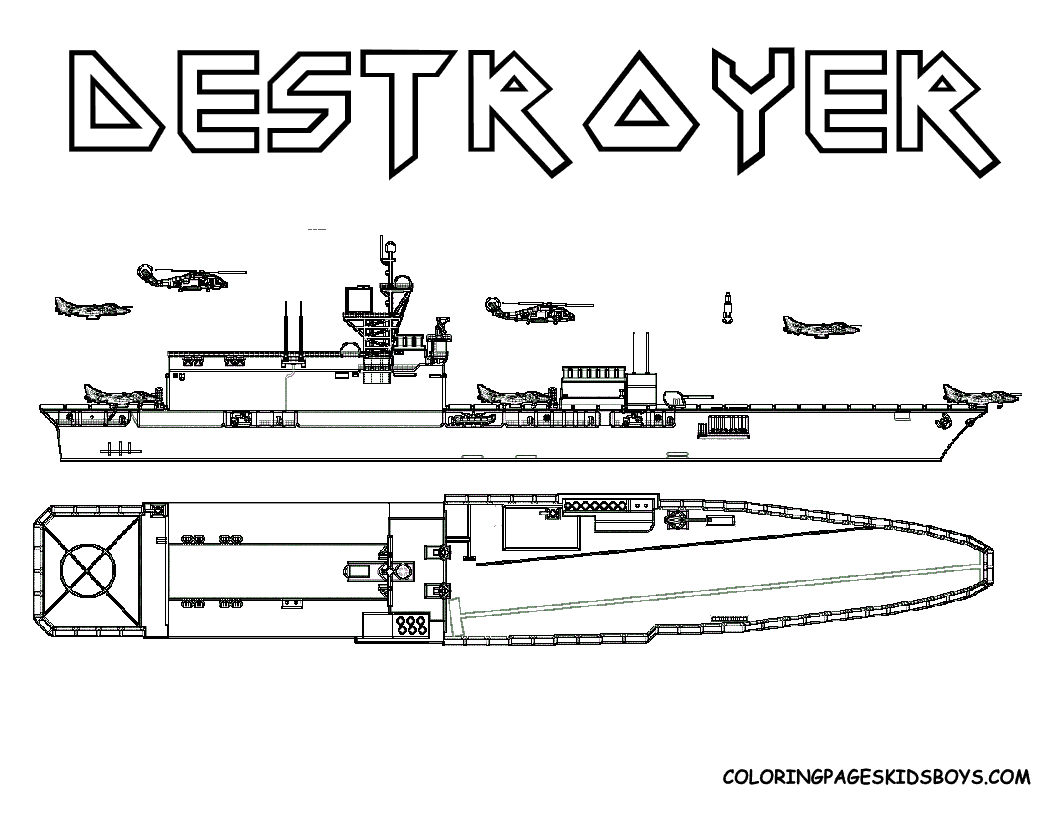 Coloriage d'un bateau de guerre naviguant sur une mer calme
