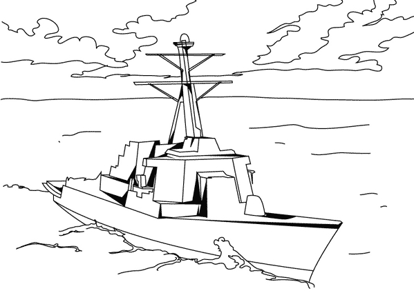 Coloriage d'un bateau de guerre en pleine mer