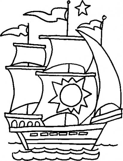 Coloriage d'un bateau naviguant sur les flots avec des nuages en arrière-plan