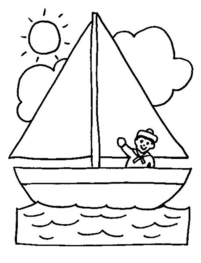Coloriage d'un bateau naviguant sur la mer avec des nuages en arrière-plan
