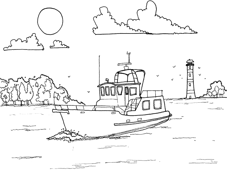 Coloriage d'un bateau naviguant sur une mer calme avec des nuages
