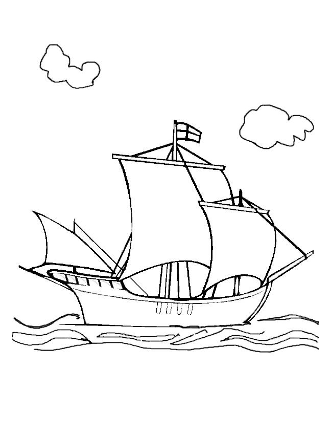 Coloriage d'un bateau en mer avec un ciel nuageux