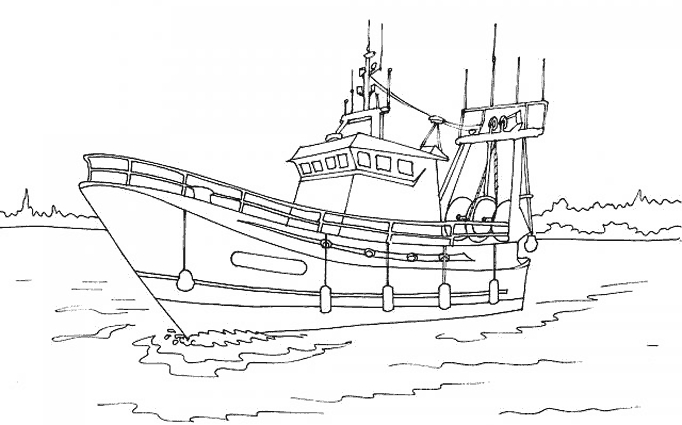 Coloriage d'un bateau naviguant sur une mer calme